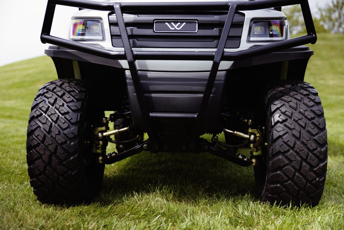 Legend model golf cart white front tires view